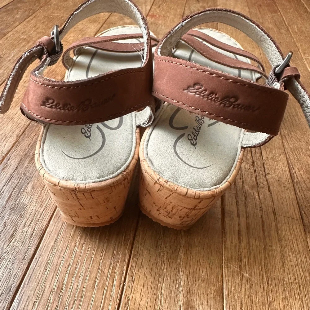 Eddie Bauer Strappy Wedge Sandals Womens 9 Leather Cork Platform Brown Casual